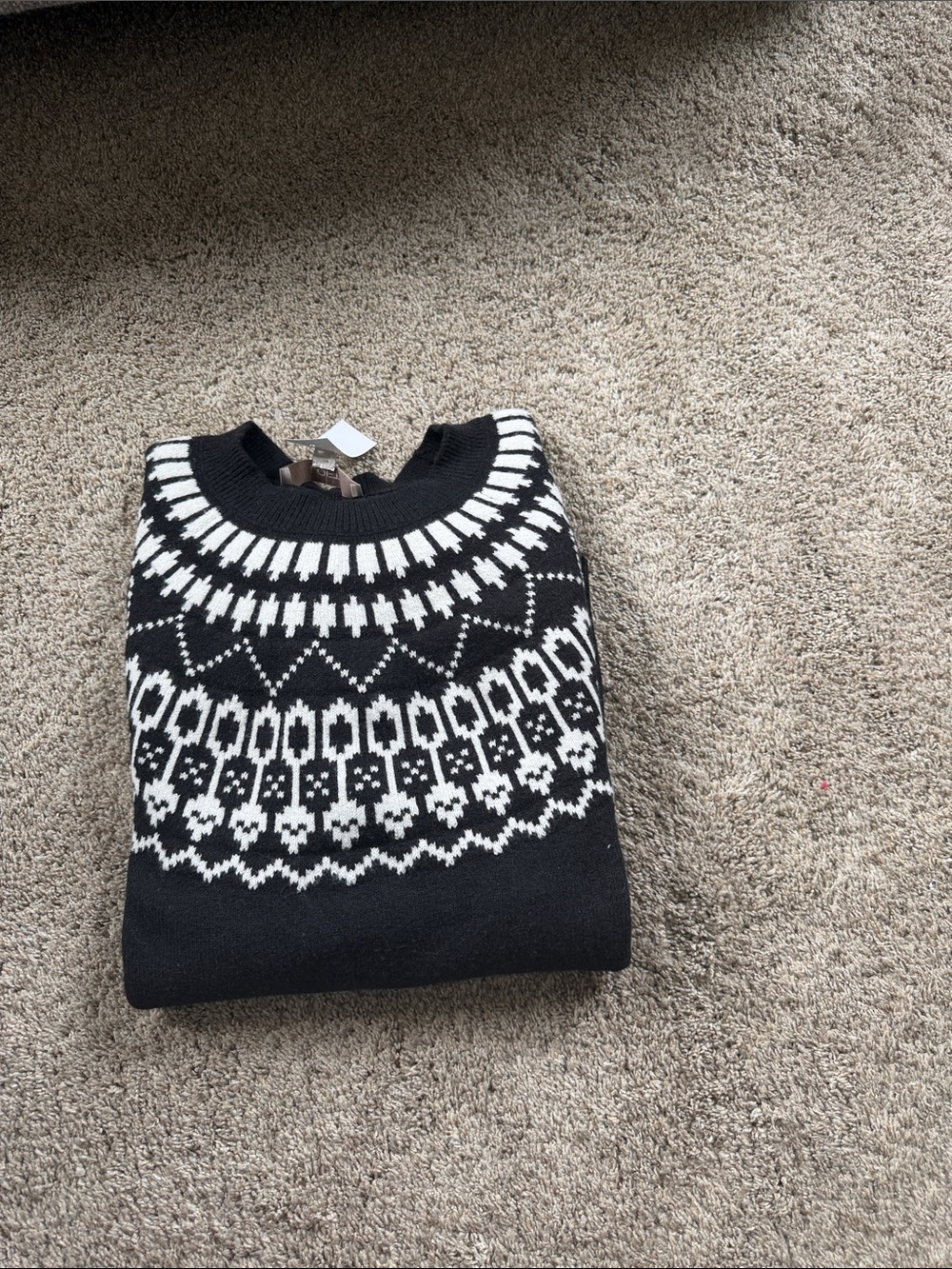 LOFT Black and White Crew Neck Fair Isle Sweater